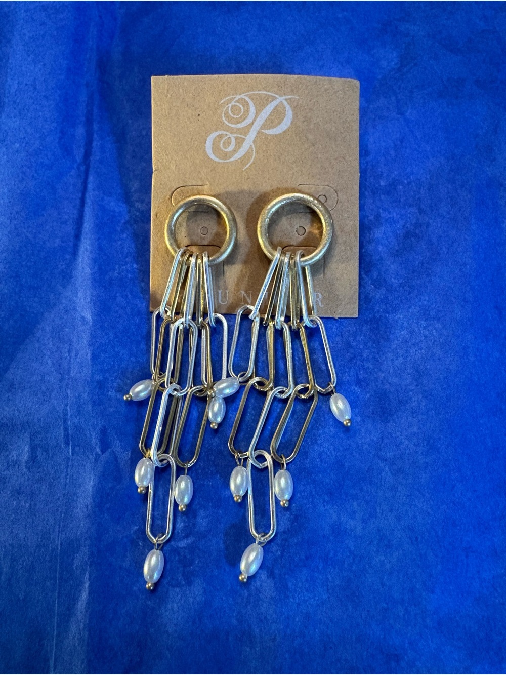 Plunder Paperclip chain faux pearls push back round base dangle earrings
